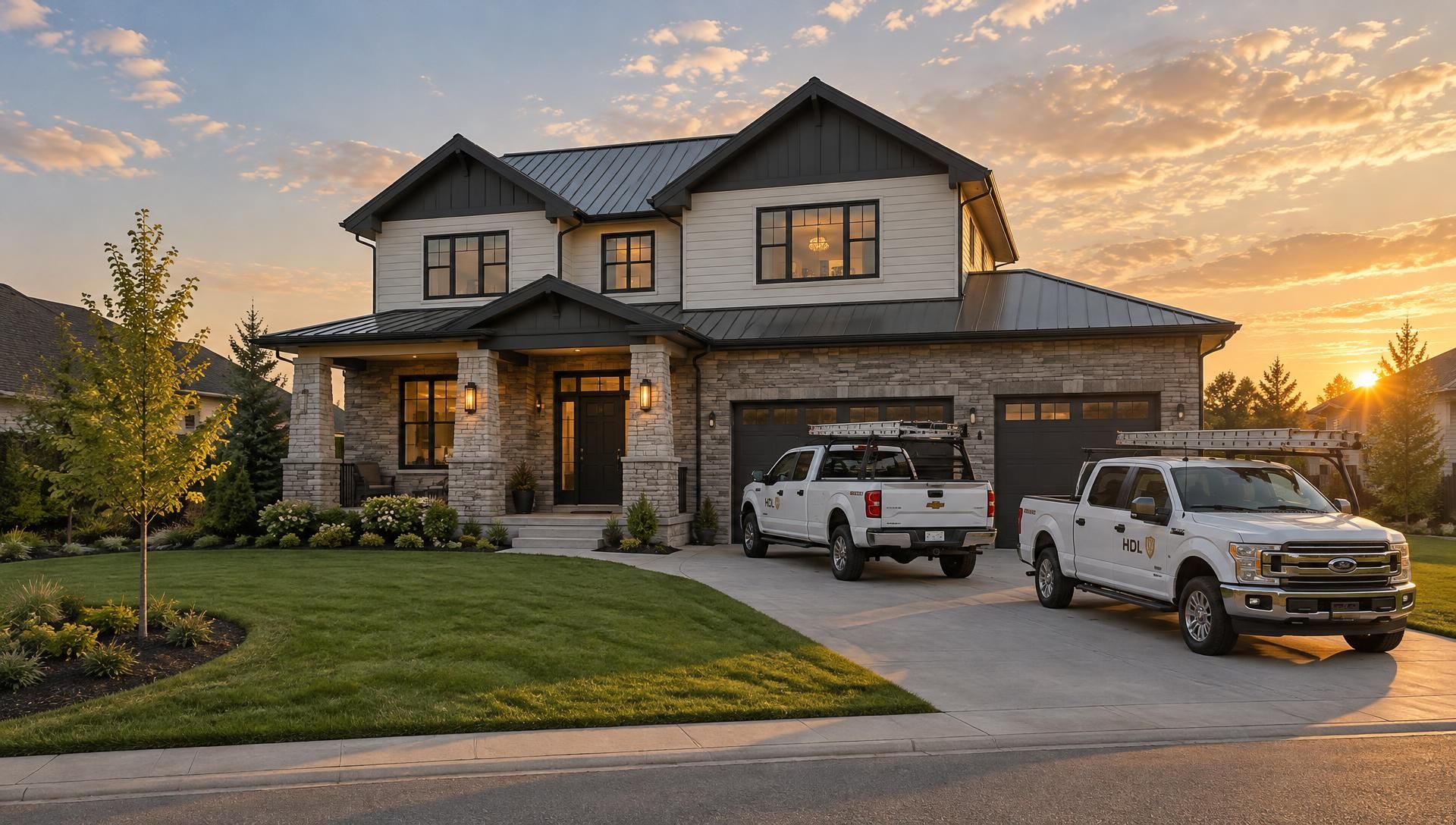 Visualization of a finished HDL Construction home with two HDL work trucks parked in the driveway