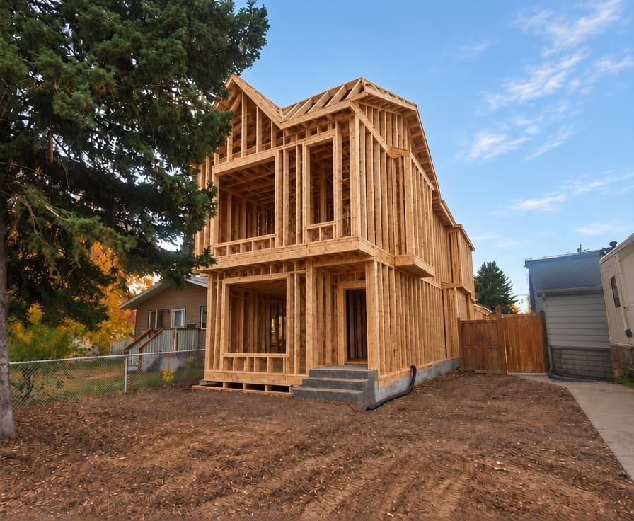 Visualization of the finished home shown at the rough wood-framing stage, exposed studs and roof rafters with no sheathing yet